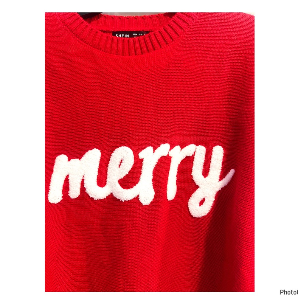 Red & White Merry Christmas Crewneck Sweater Holiday Festive Medium - Picture 2 of 4